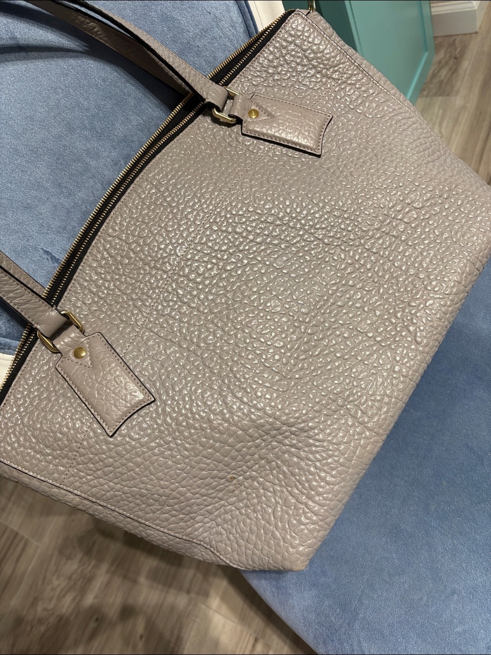 Burberry Pale Gray Pebble Leather Tote with Gold Hardware 17”X11” - Picture 5 of 16
